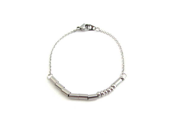 'mother' bracelet written in morse code stainless steel beads on a stainless steel chain