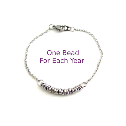 one stainless steel bead for each year bracelet on a stainless steel chain