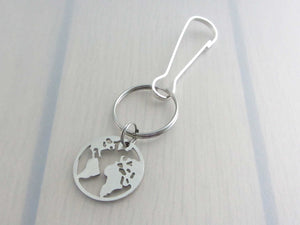 stainless steel world earth map charm on a bag charm with snap clip hook