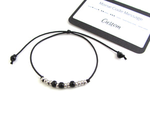 'sarah' name adjustable cord bracelet written in morse code stainless steel beads and black miyuki seed beads on black cord with custom morse code message card