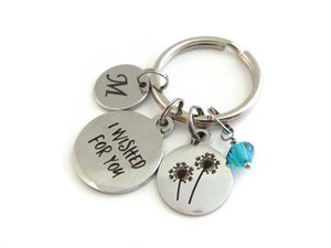 laser engraved capital initial letter disc charm, a laser engraved "I wished for you" charm, a laser engraved dandelion flowers charm and a blue/green crystal charm on a keyring