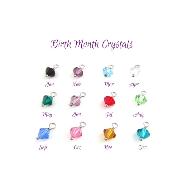 birth month coloured crystal charms with stainless steel attachment