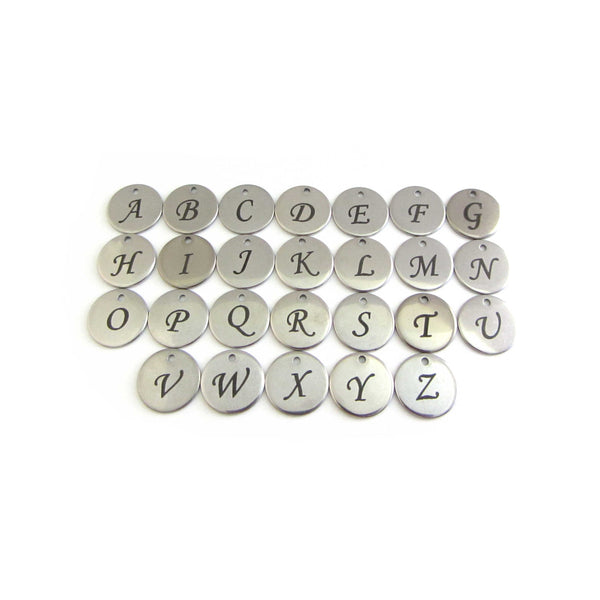 laser engraved capital initial letter disc charms, letters A-Z