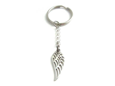 stainless steel single angel wing charm on a chain keyring