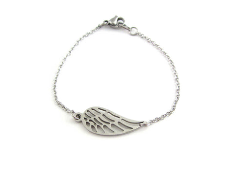 single angel wing charm on a stainless steel chain bracelet