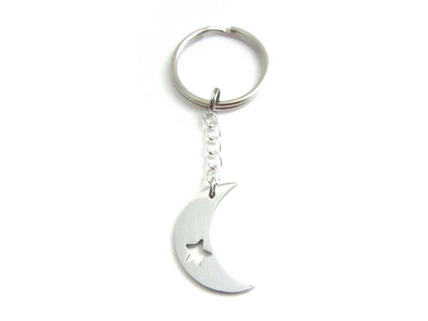 stainless steel crescent moon charm with cut out star on a chain keyring