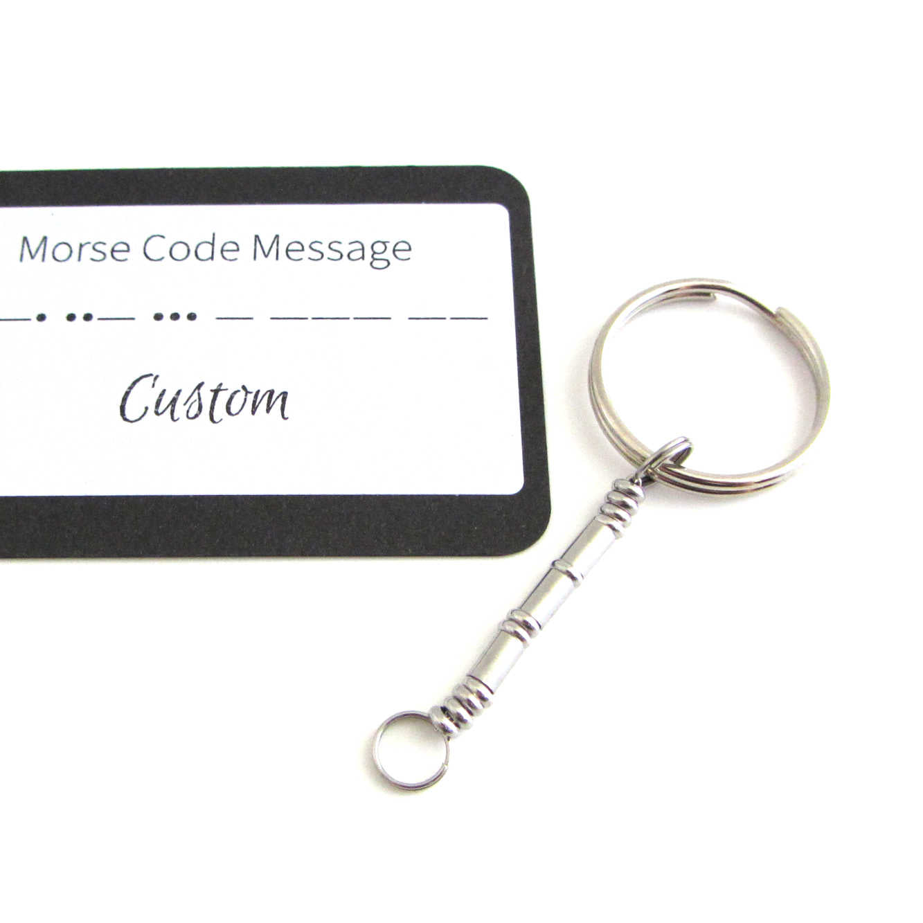 'sarah' name keyring written in morse code stainless steel beads with custom morse code message card