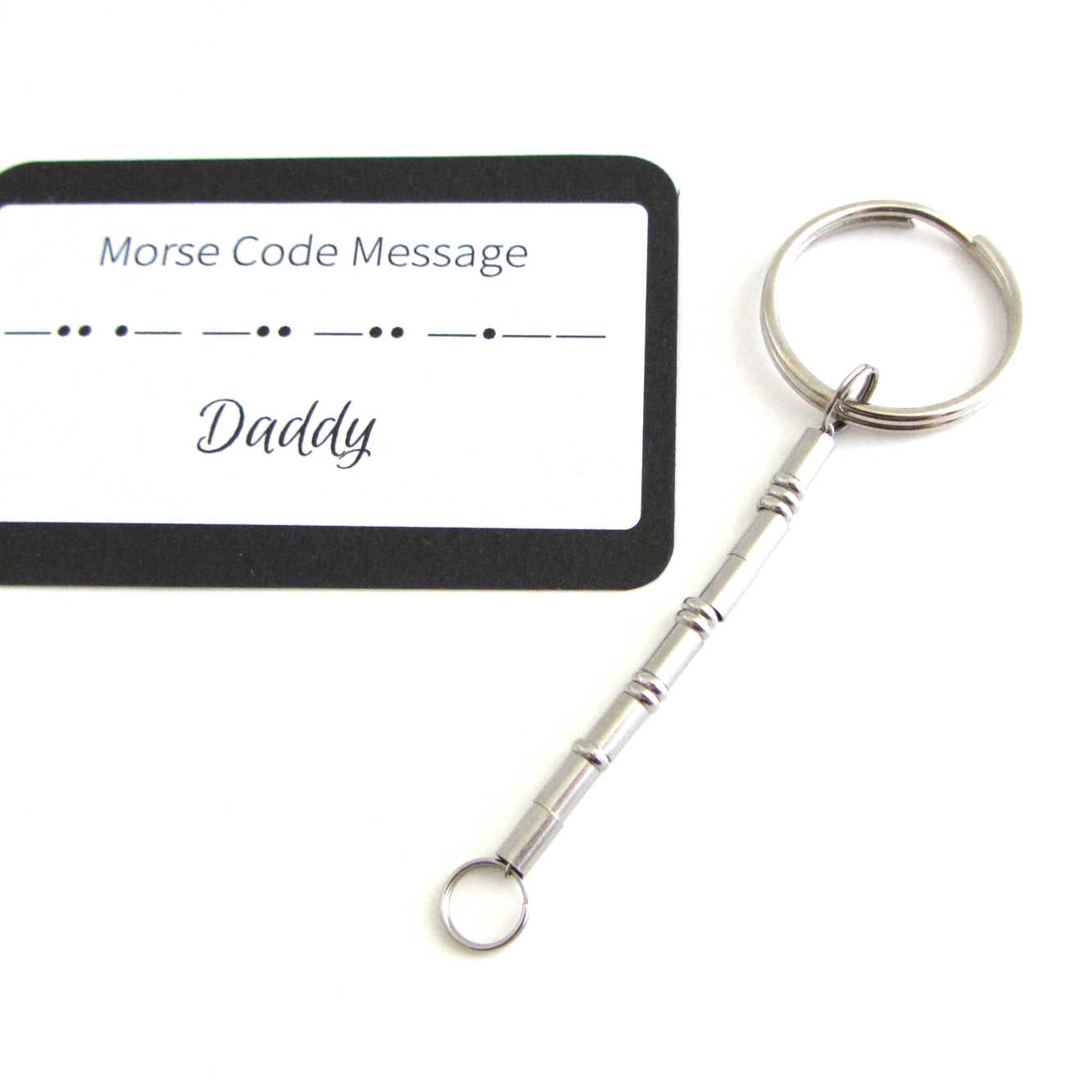 'daddy' keyring written in morse code stainless steel beads with 'Daddy' morse code message card