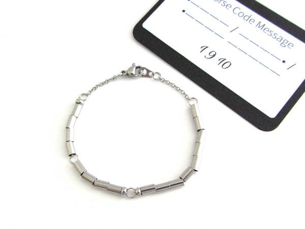 '1 9 10' date bracelet written in morse code stainless steel beads on a stainless steel chain with '1 9 10' morse code message card