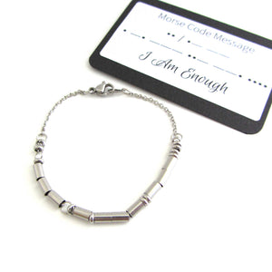 'I am enough' bracelet written in morse code stainless steel beads on a stainless steel chain with 'I Am Enough' morse code message card