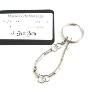 'i love you' keyring written in morse code stainless steel beads with 'I Love You' morse code message card