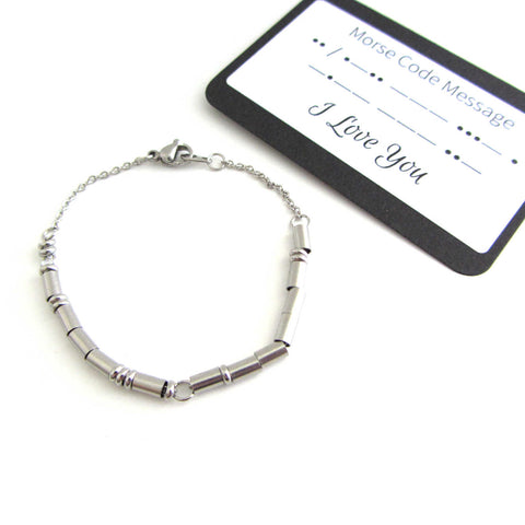 'I love you' bracelet written in morse code stainless steel beads on a stainless steel chain with 'I Love You' morse code message card