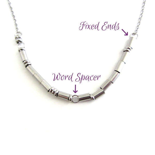 'I love you' necklace written in morse code with fixed stainless steel beads, word spacers between the words on a stainless steel chain