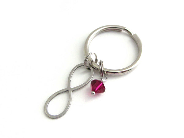 stainless steel infinity charm and a red crystal charm on a keyring