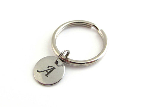stainless steel laser engraved capital initial letter disc charm on a keyring