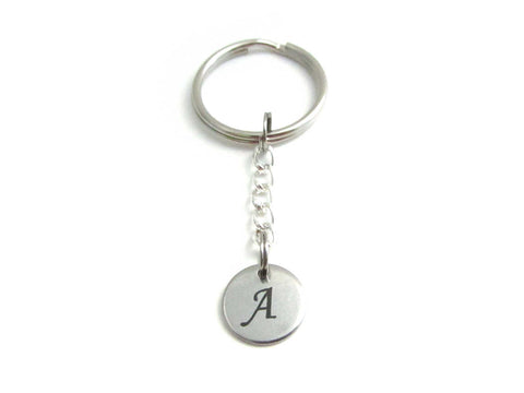 stainless steel laser engraved capital initial letter disc charm on a chain keyring