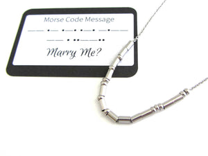 'marry me?' necklace written in morse code stainless steel beads on a stainless steel chain with 'Marry Me?' morse code message card