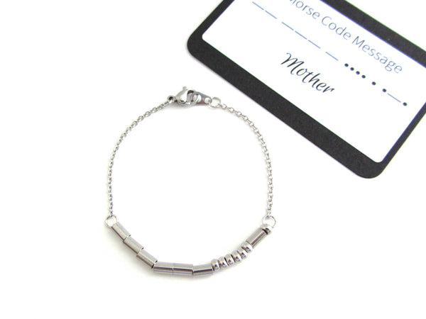 'mother' bracelet written in morse code stainless steel beads on a stainless steel chain with 'Mother' morse code message card