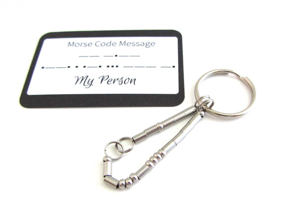 'my person' keyring written in morse code stainless steel beads with 'My Person' morse code message card