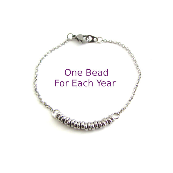 one stainless steel bead for each year bracelet on a stainless steel chain