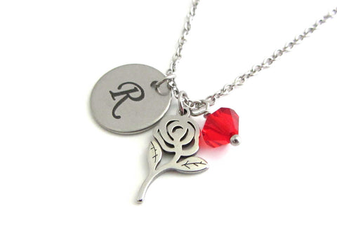 laser engraved capital initial letter disc charm, rose flower charm and a red crystal charm on a stainless steel chain