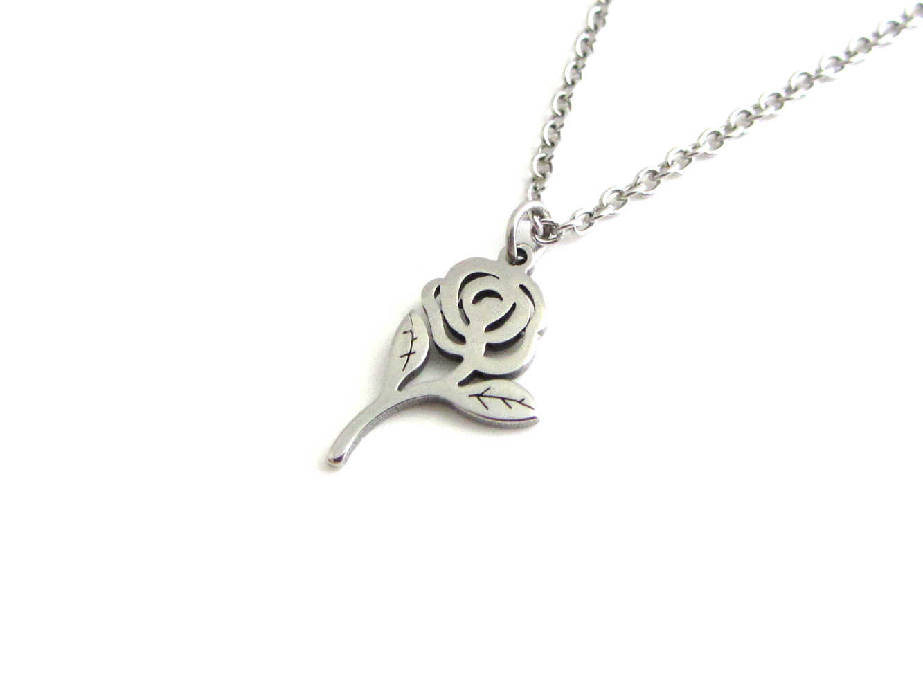 rose flower charm on a stainless steel chain