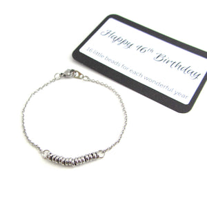 16 stainless steel bead one for each year bracelet on a stainless steel chain with happy 16th birthday message card