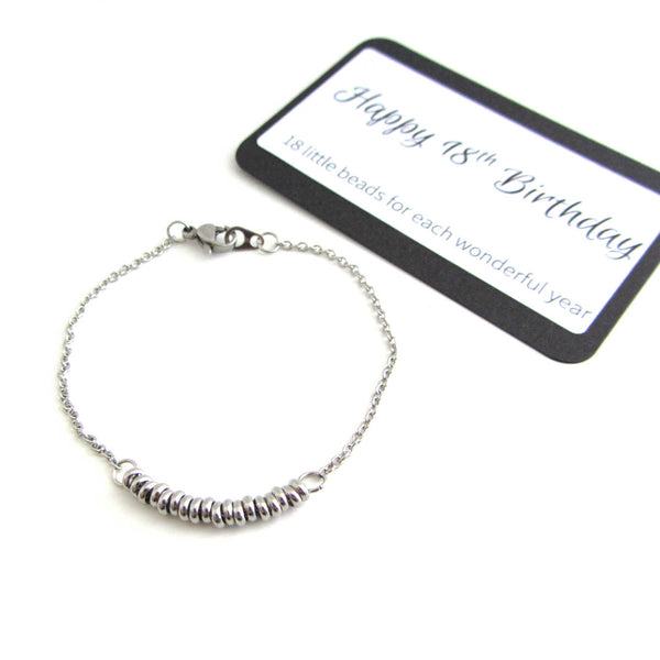18 stainless steel bead one for each year bracelet on a stainless steel chain with happy 18th birthday message card