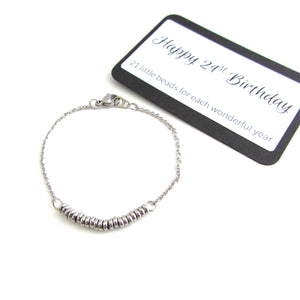 21 stainless steel bead one for each year bracelet on a stainless steel chain with happy 21st birthday message card