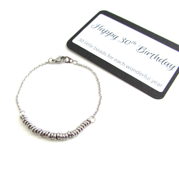 30 stainless steel bead one for each year bracelet on a stainless steel chain with happy 30th birthday message card