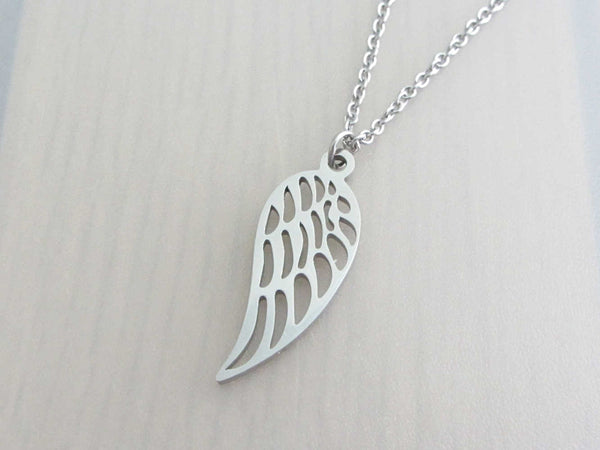 single angel wing charm on a stainless steel chain