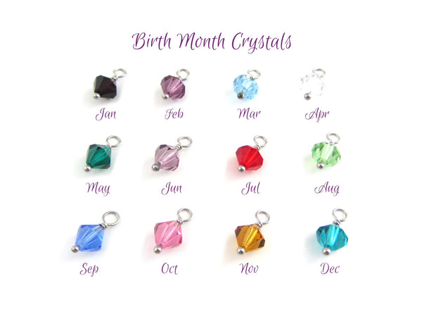 birth month coloured crystal charms with stainless steel attachment