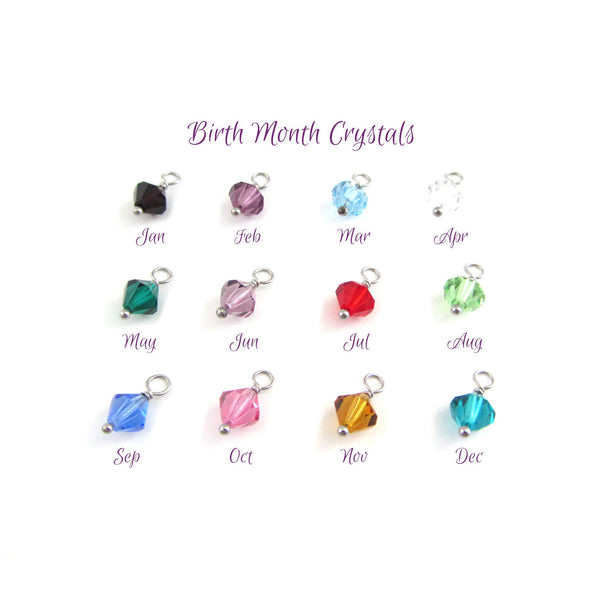 birth month coloured crystal charms with stainless steel attachment