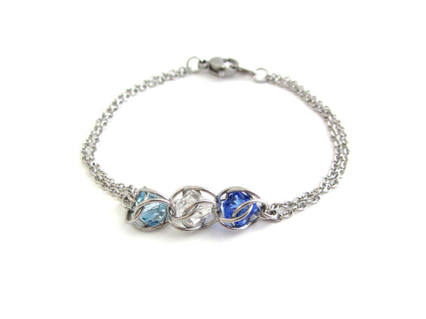 captured light blue, clear and dark blue crystal beads chainmaille bracelet