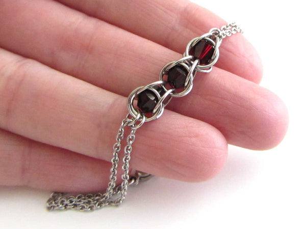 three captured red crystal beads chainmaille bracelet