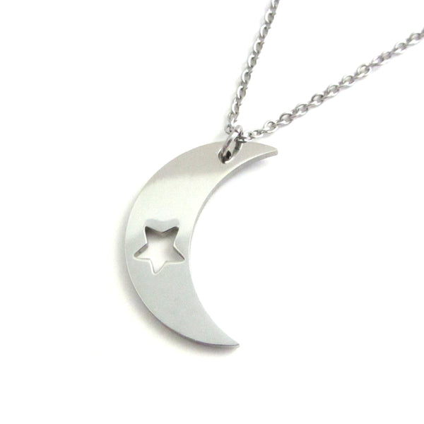 crescent moon charm with cut out star on a stainless steel chain