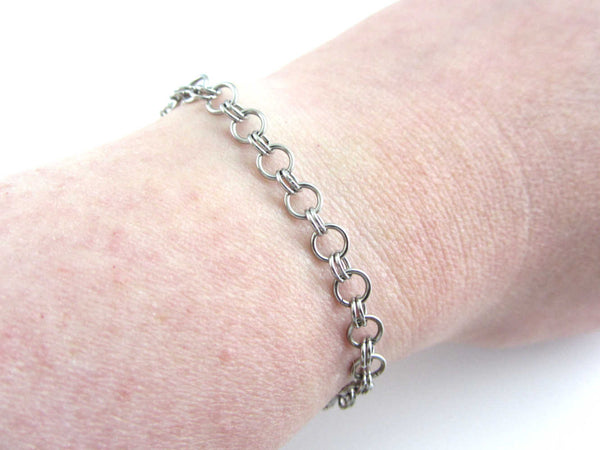 handmade chainmaille stainless steel chain bracelet on wrist