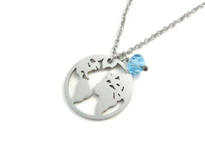 world globe earth map charm and a light blue crystal charm on a stainless steel chain