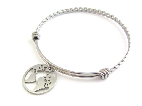 stainless steel world globe earth map charm on a bangle with braided twist pattern