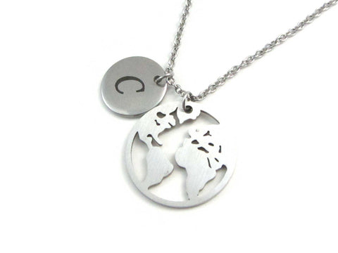 laser engraved capital initial letter disc charm and world globe earth map charm on a stainless steel chain