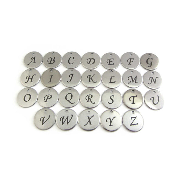 laser engraved capital initial letter disc charms, letters A-Z