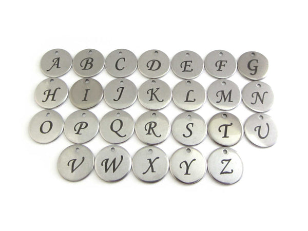 laser engraved capital initial letter disc charms, letters A-Z