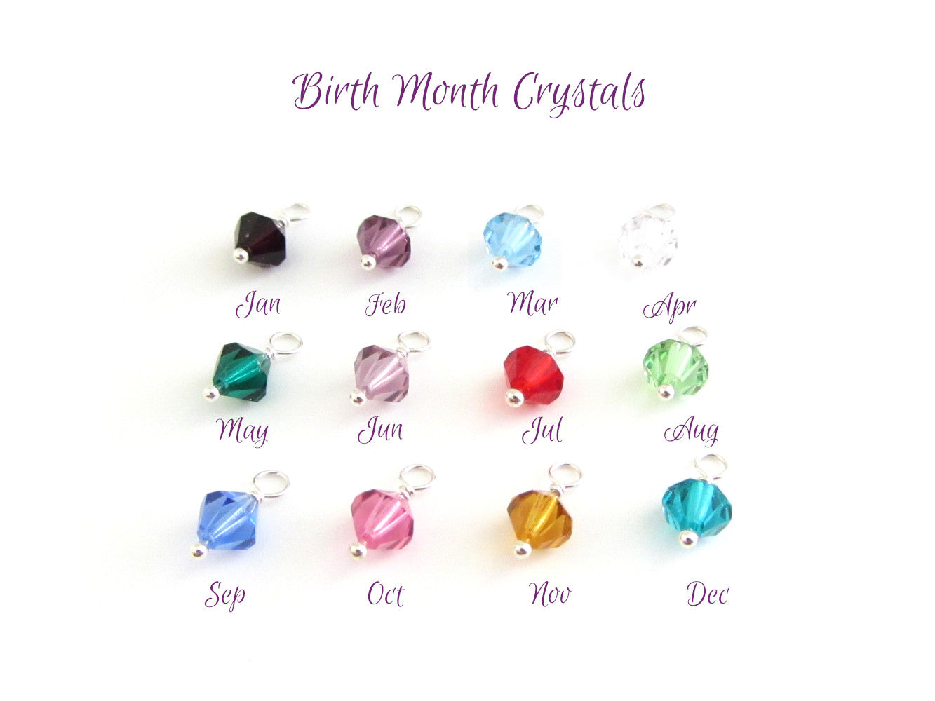 birth month coloured crystal charms with sterling silver attachment