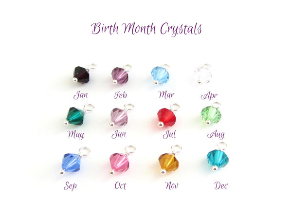 birth month coloured crystal charms with silver attachment