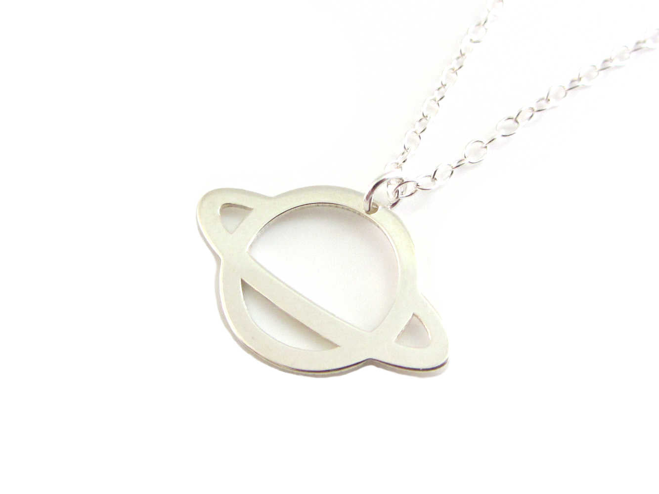 silver saturn planet charm on a silver chain