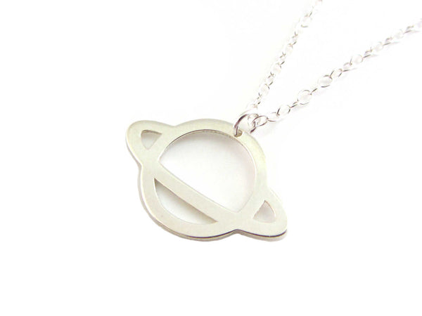 silver saturn planet charm on a silver chain