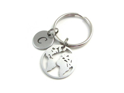stainless steel laser engraved capital initial letter disc charm and world earth map on a keyring
