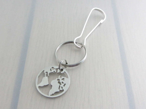 stainless steel world earth map charm on a bag charm with snap clip hook