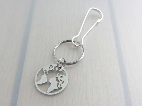 stainless steel world earth map charm on a bag charm with snap clip hook