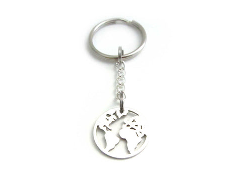 stainless steel world earth map charm on a chain keyring